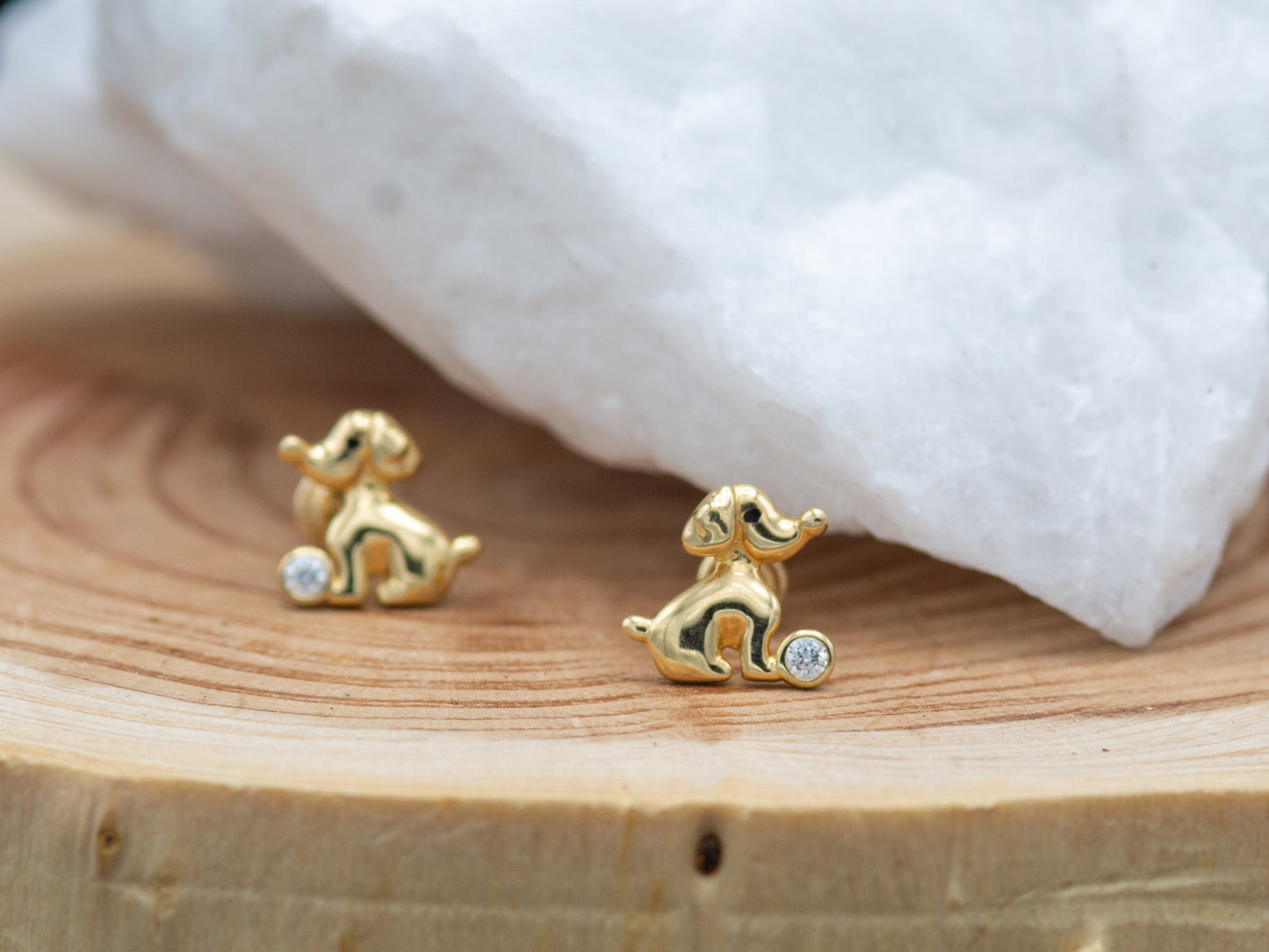 14k solid gold Puppy dog CZ stud earrings