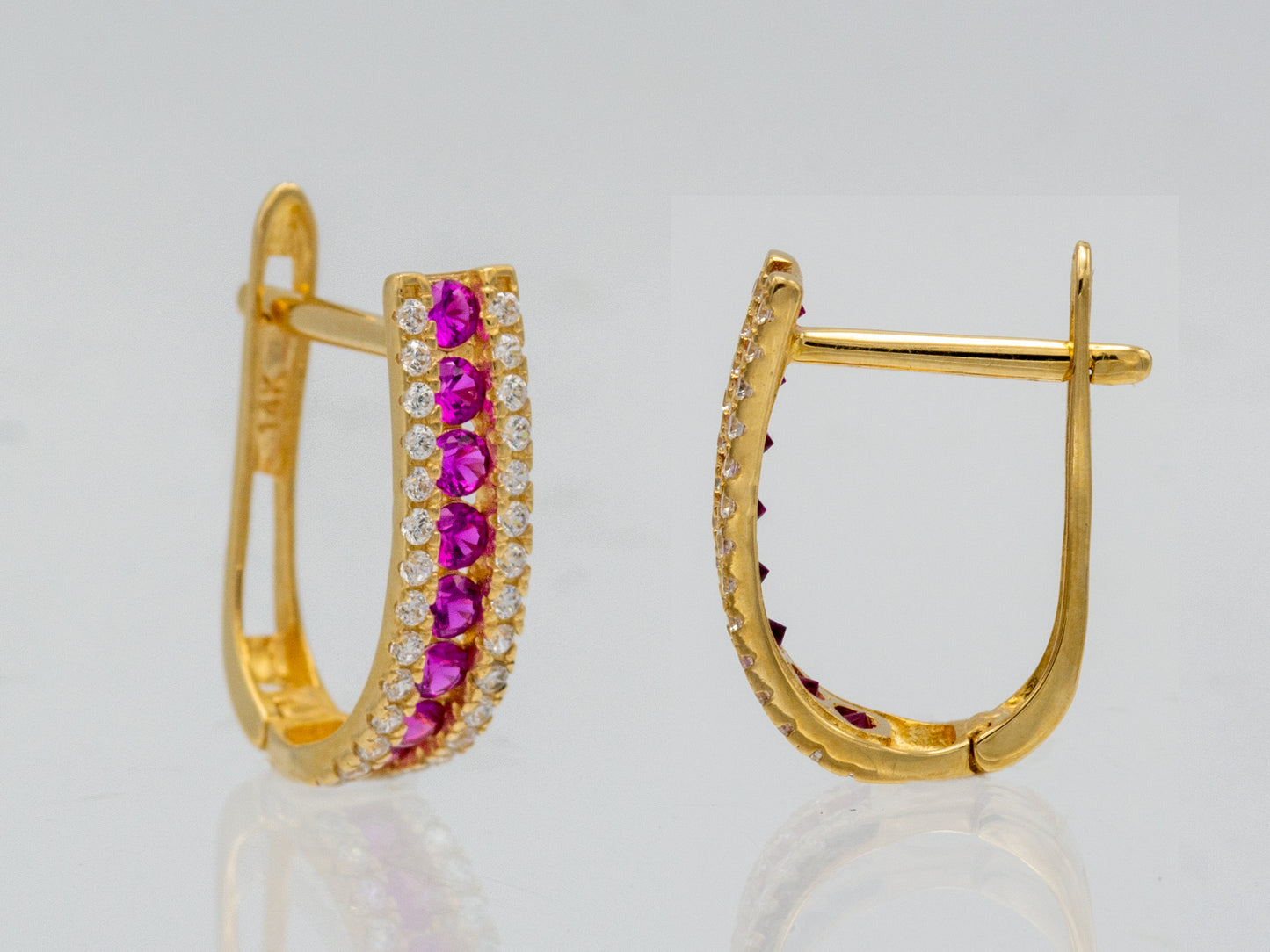 14k solid gold Oval Simulated Ruby and Diamond Huggies earring
