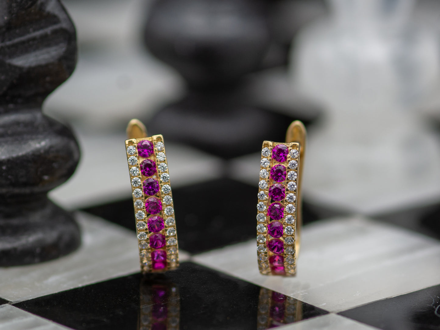 14k solid gold Oval Simulated Ruby and Diamond Huggies earring