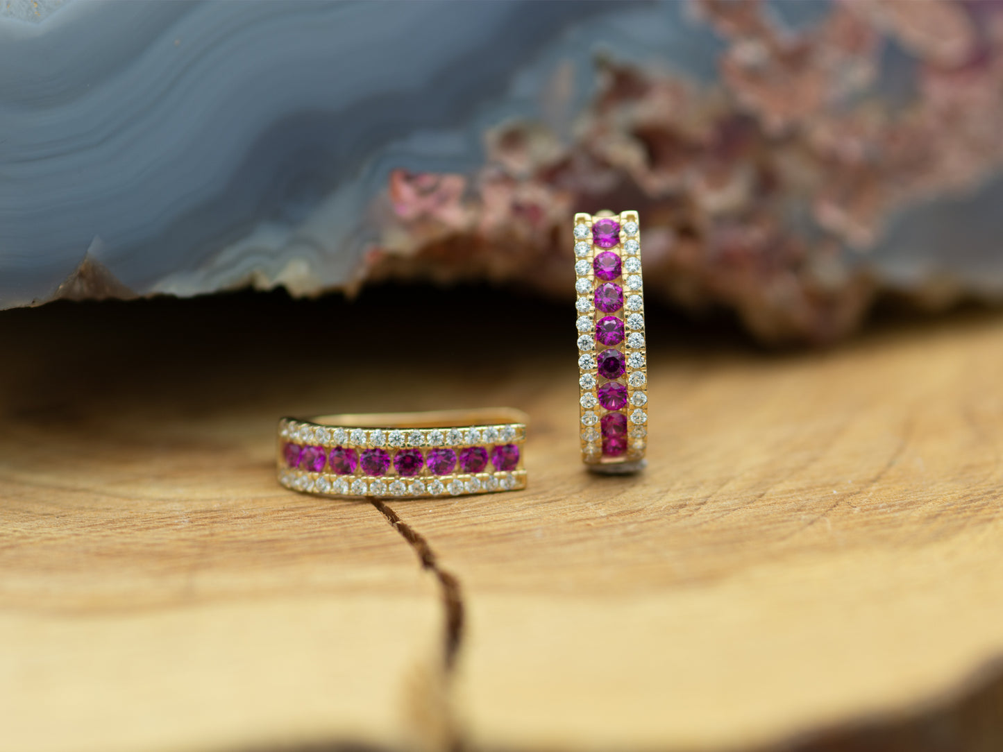 14k solid gold Oval Simulated Ruby and Diamond Huggies earring