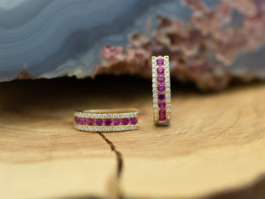 14k solid gold Oval Simulated Ruby and Diamond Huggies earring