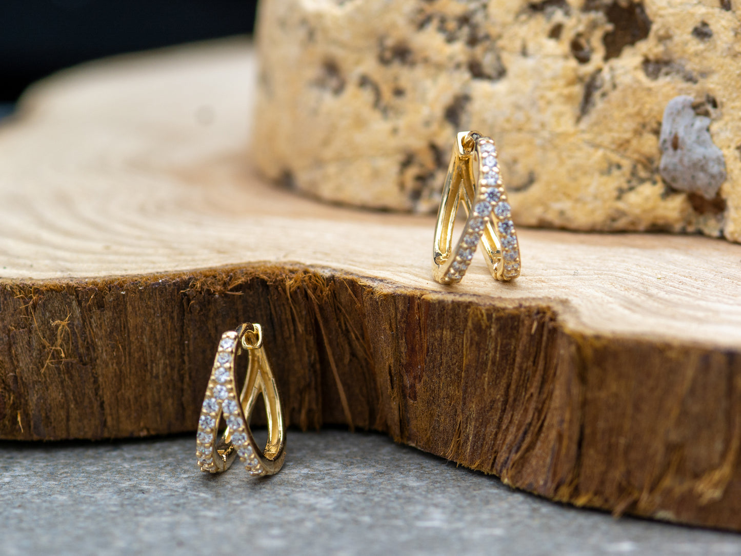 14k solid gold V Shape simulated Diamond Huggies earring
