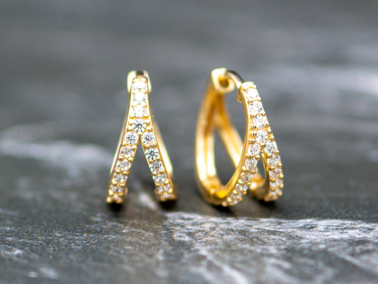 14k solid gold V Shape simulated Diamond Huggies earring