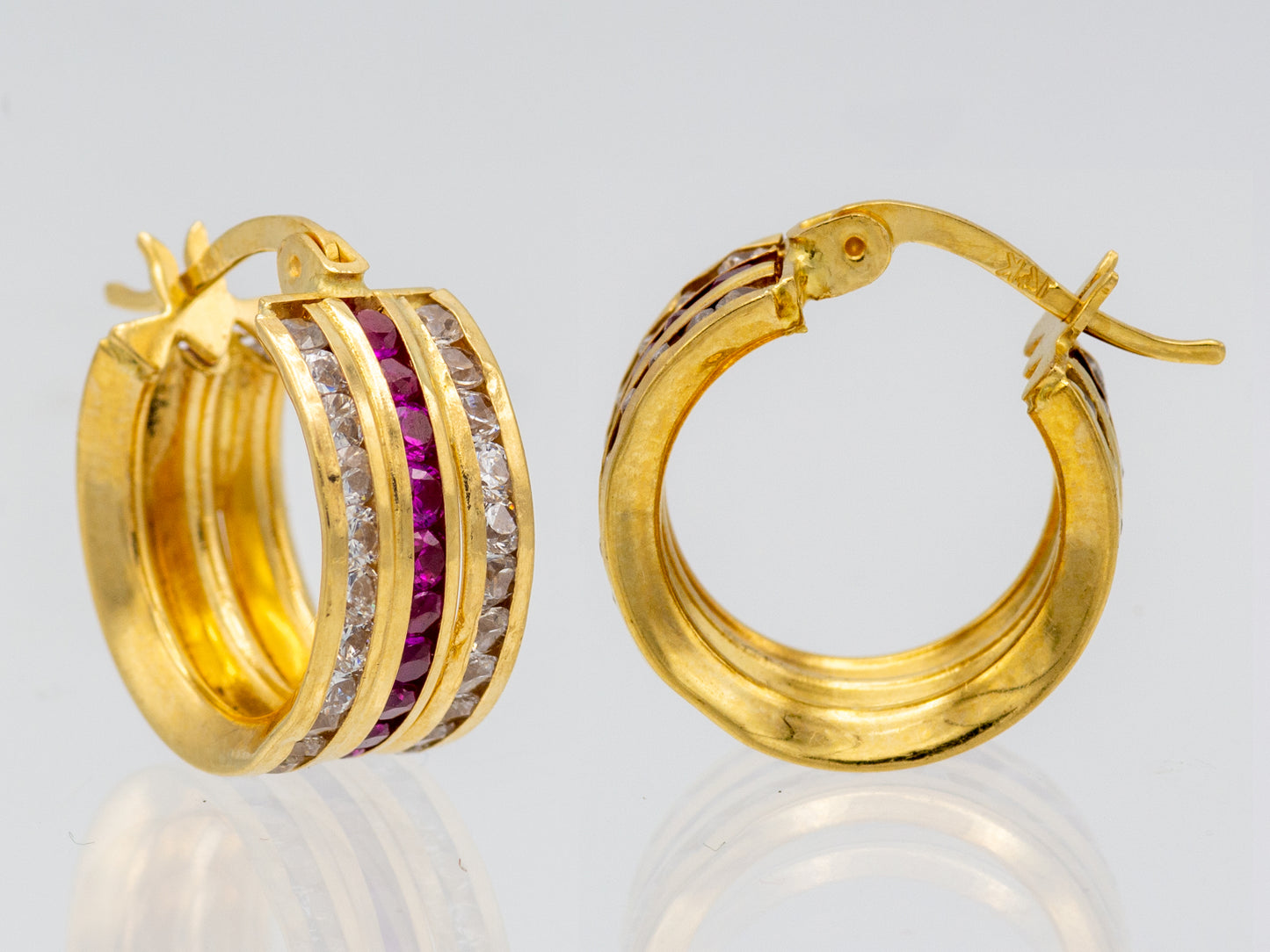 14k solid gold simulated Emerald Ruby Diamond Huggies earring