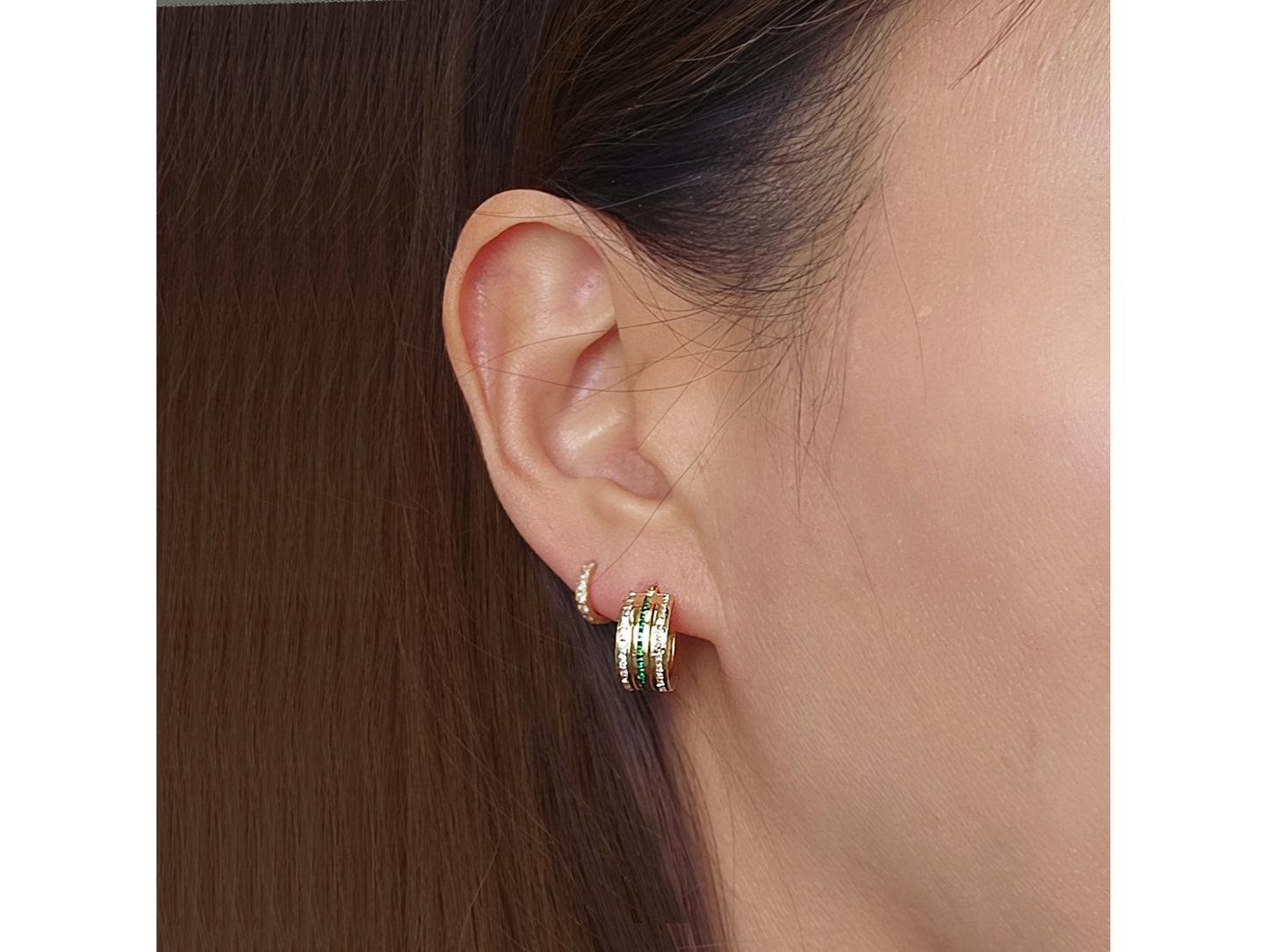 14k solid gold simulated Emerald Ruby Diamond Huggies earring