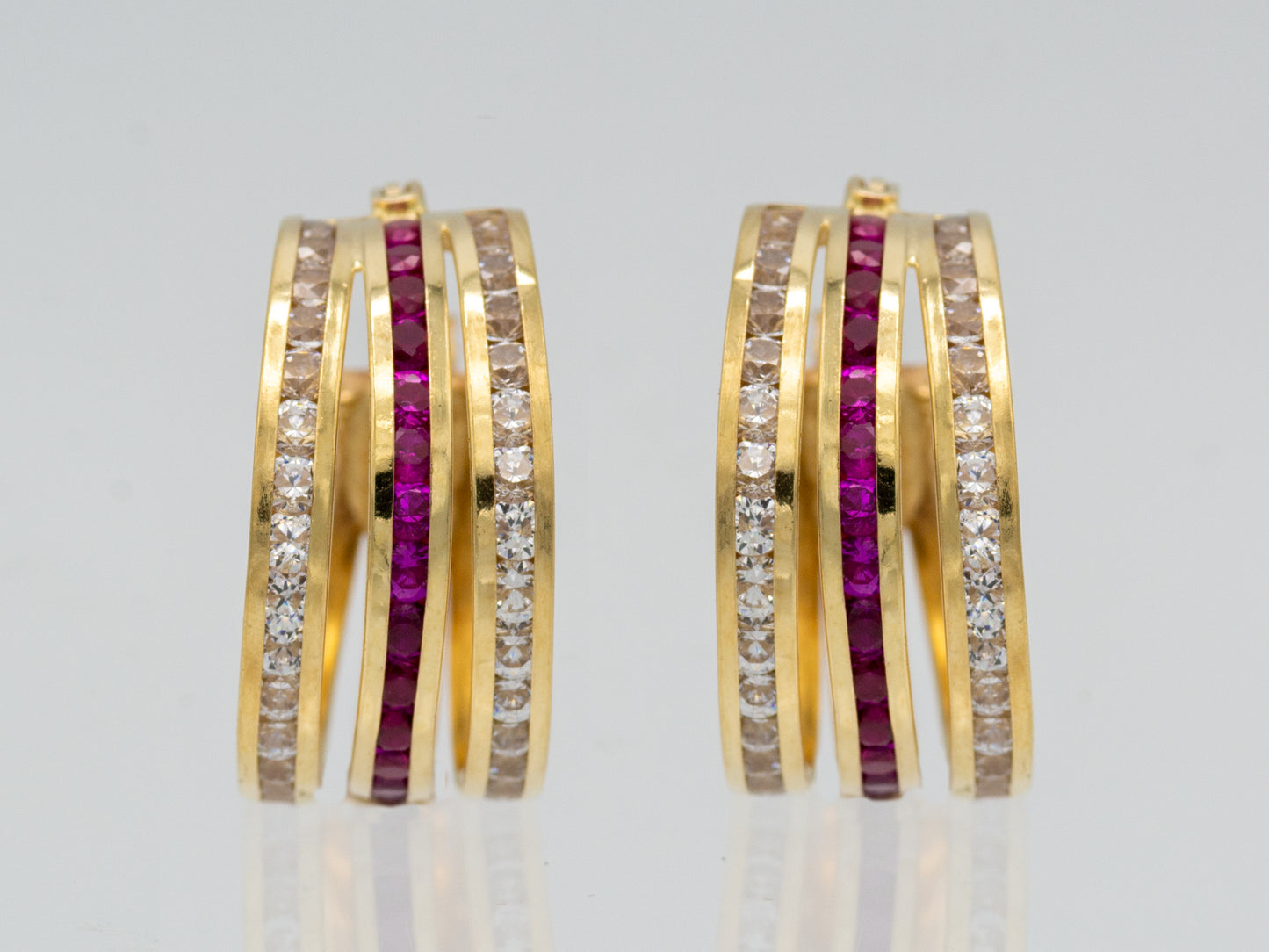 14k solid gold Polished triple  Huggies with simulated Ruby Diamond earring