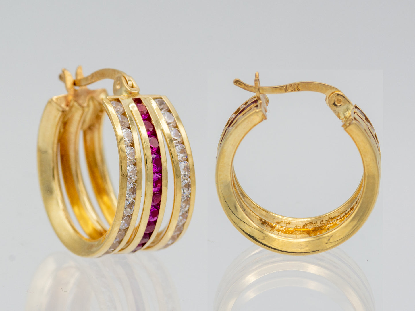 14k solid gold Polished triple  Huggies with simulated Ruby Diamond earring