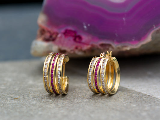 14k solid gold Polished triple  Huggies with simulated Ruby Diamond earring