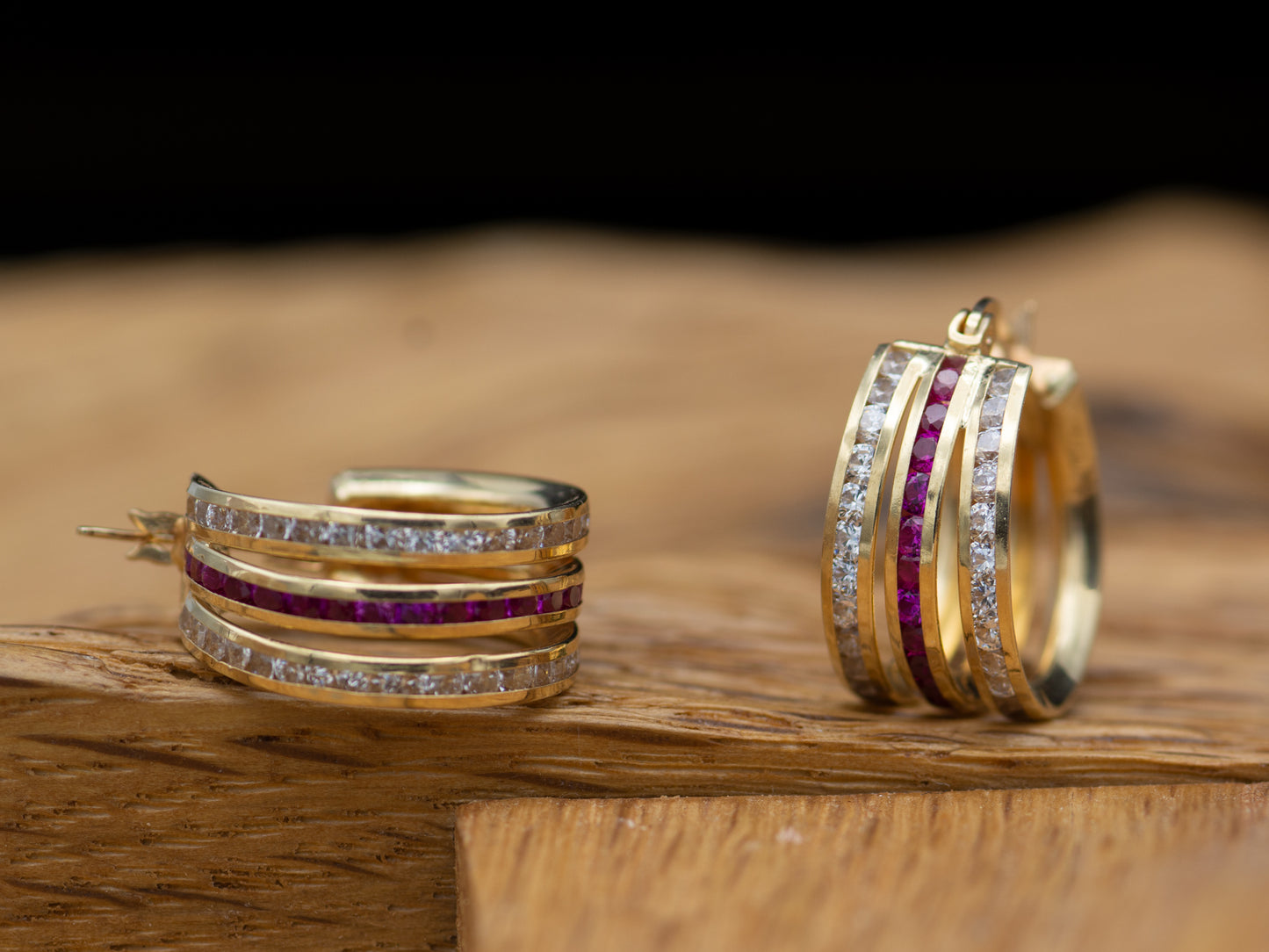 14k solid gold Polished triple  Huggies with simulated Ruby Diamond earring