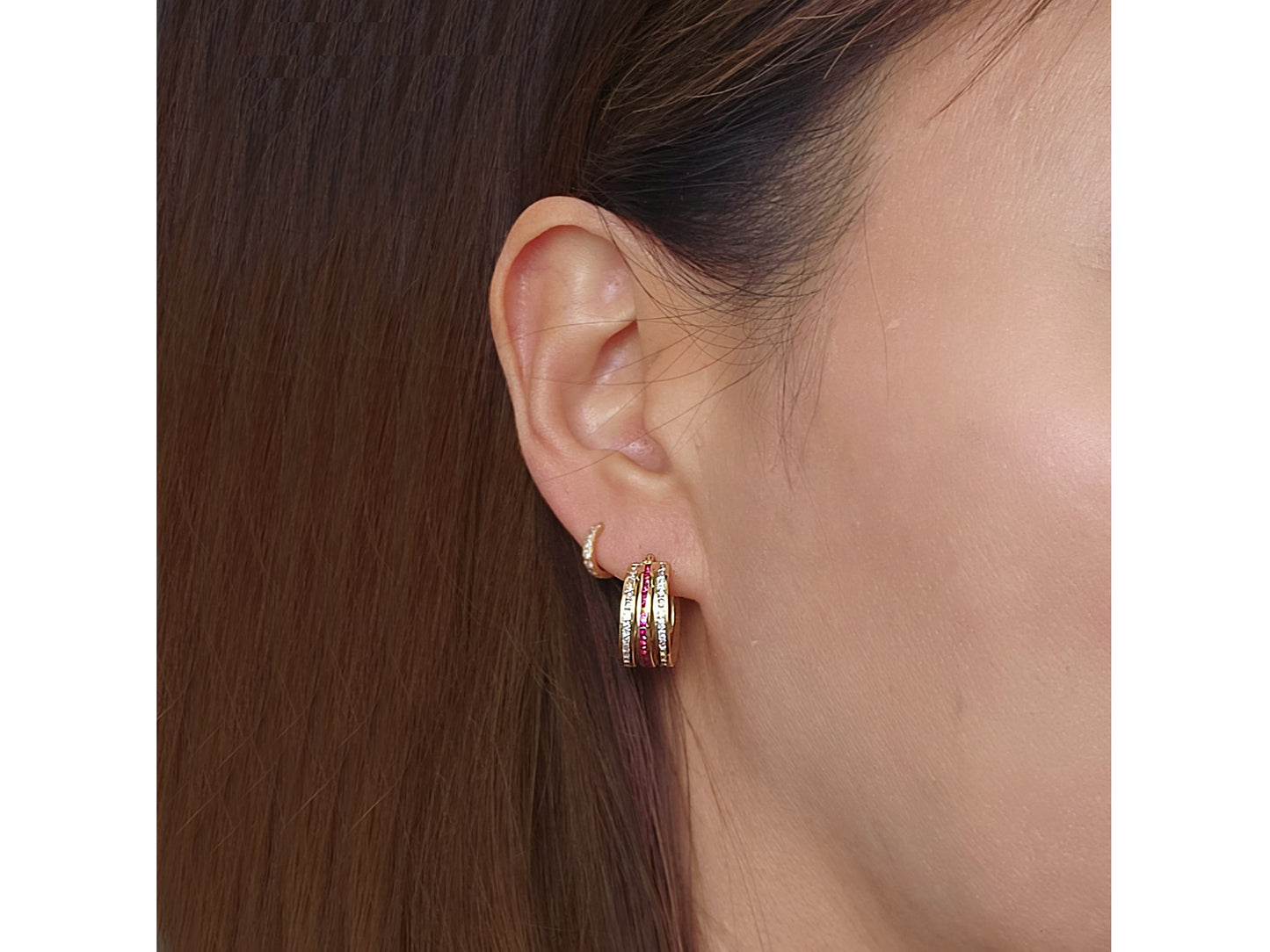 14k solid gold Polished triple  Huggies with simulated Ruby Diamond earring