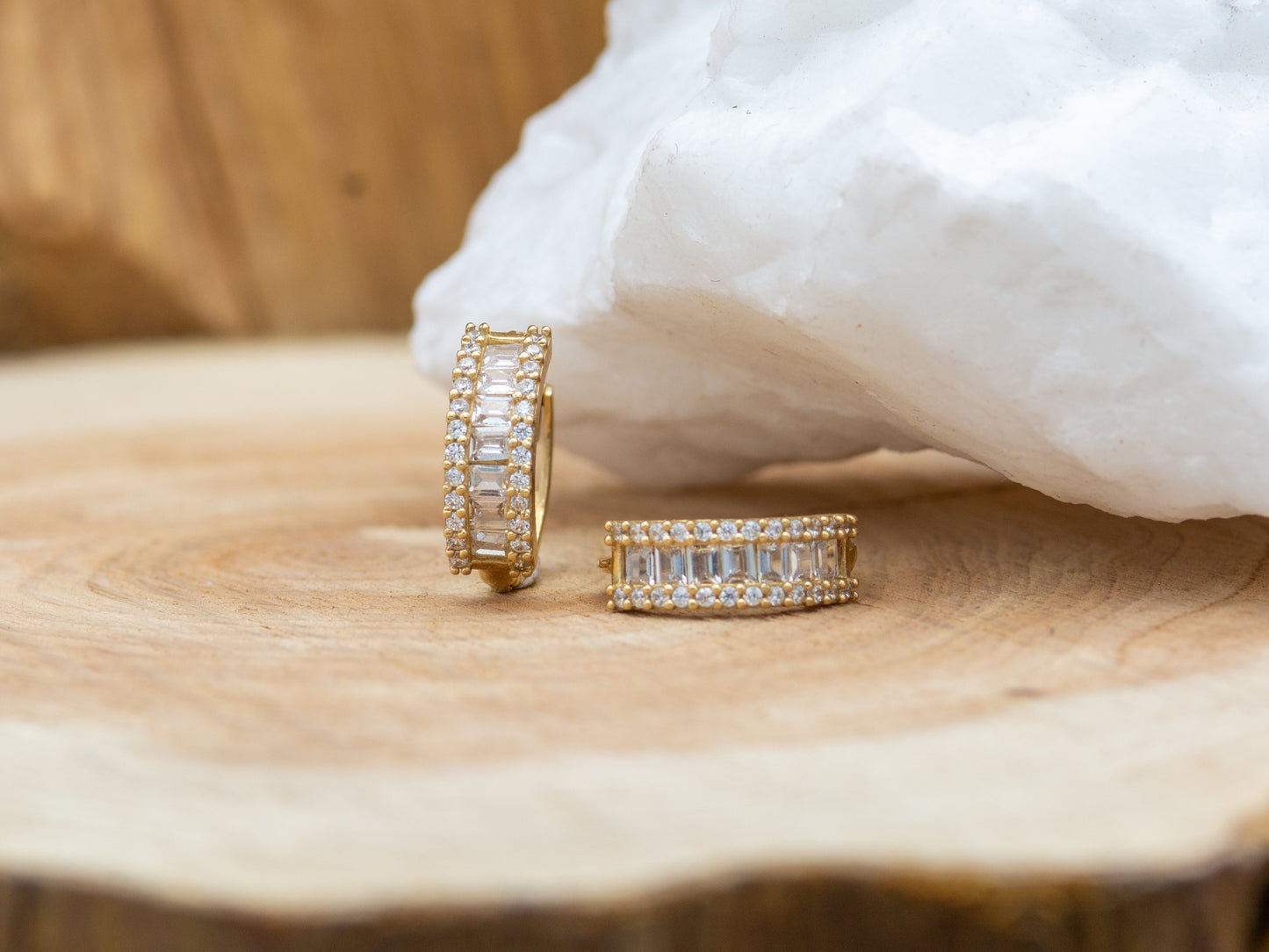 14k solid gold Trendy Baguette Hoop Huggies earring