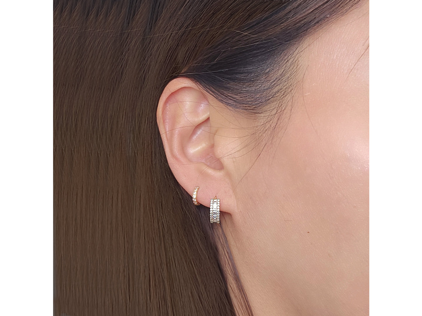 14k solid gold Trendy Baguette Hoop Huggies earring