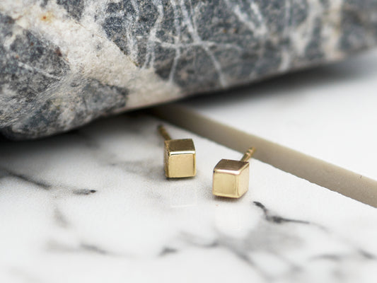 14K Tiny Solid Gold Cube Geometric Earring set