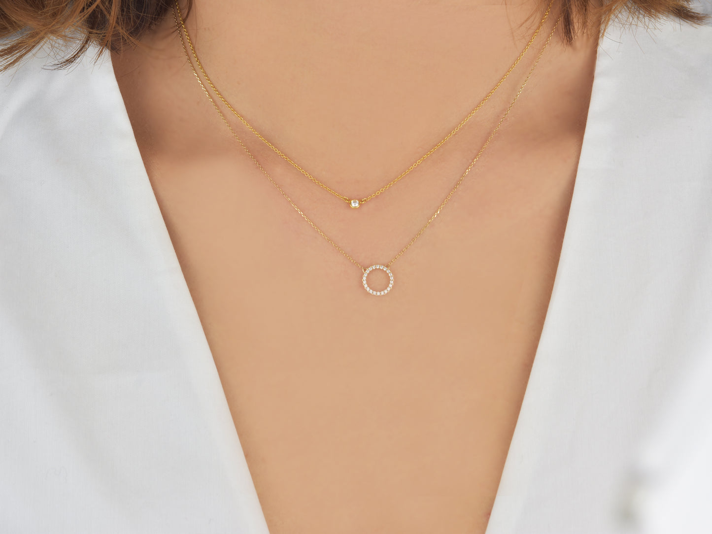 14K Solid Yellow Gold or WHITE HALO/ Circle Necklace