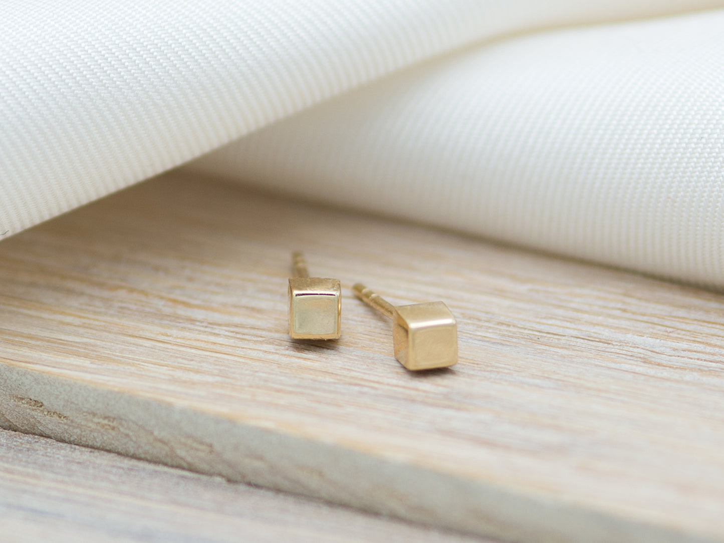 14K Tiny Solid Gold Cube Geometric Earring set