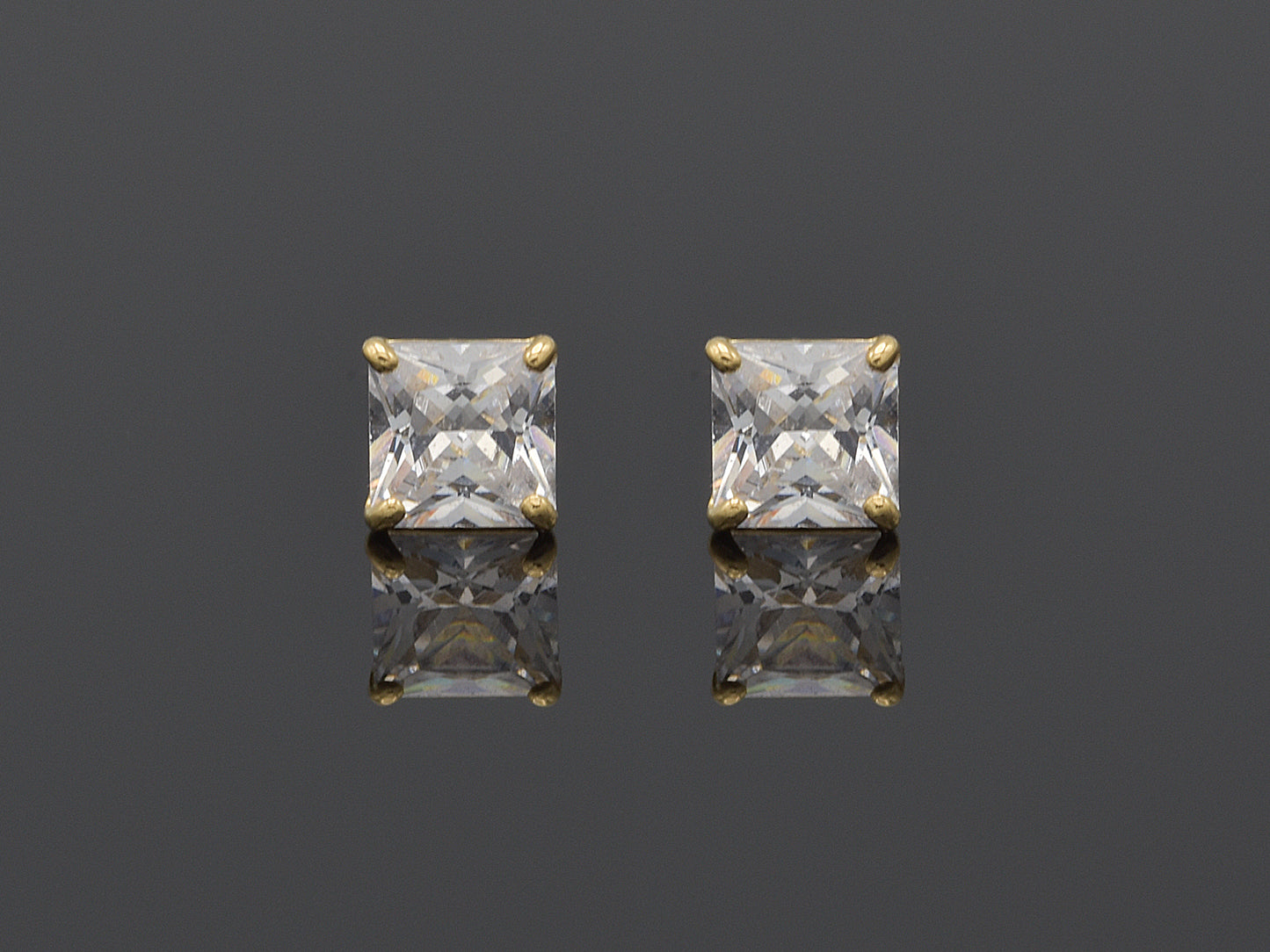 14k Solid Gold Basket Set CZ Princess cut Stud
