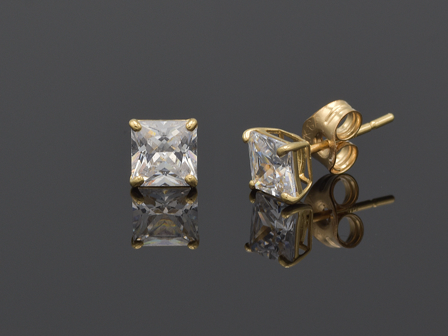 14k Solid Gold Basket Set CZ Princess cut Stud