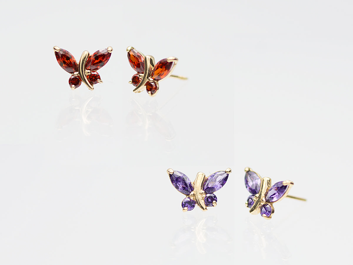 14K Solid Gold Simulated Birthstone Small Butterfly Stud Earrings