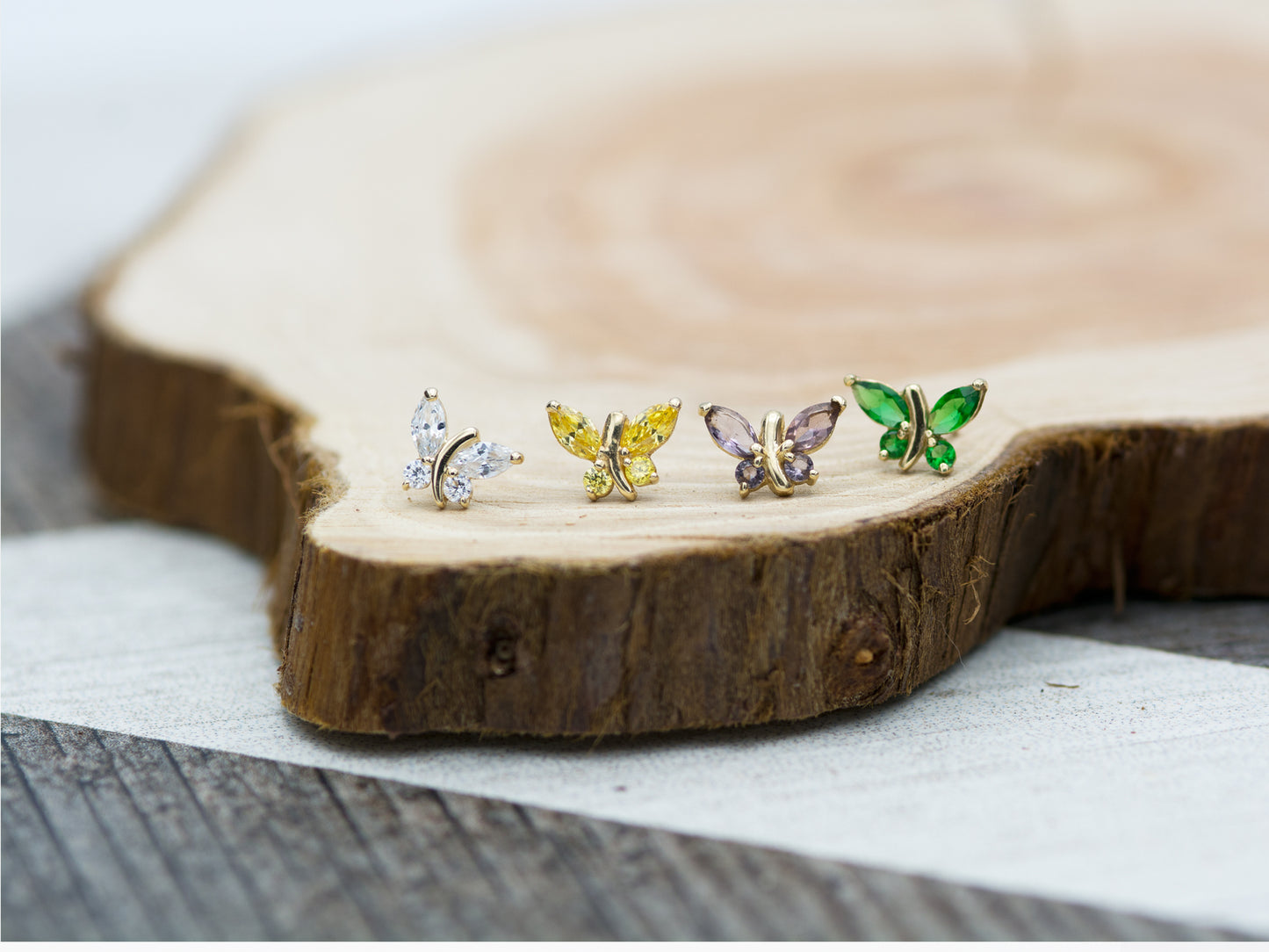 14K Solid Gold Simulated Birthstone Small Butterfly Stud Earrings