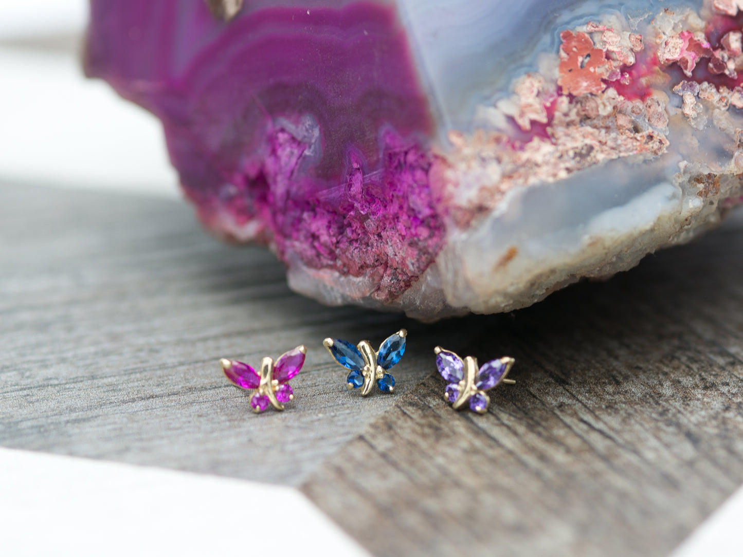 14K Solid Gold Simulated Birthstone Small Butterfly Stud Earrings