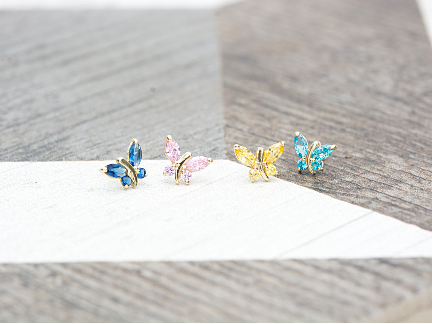 14K Solid Gold Simulated Birthstone Small Butterfly Stud Earrings