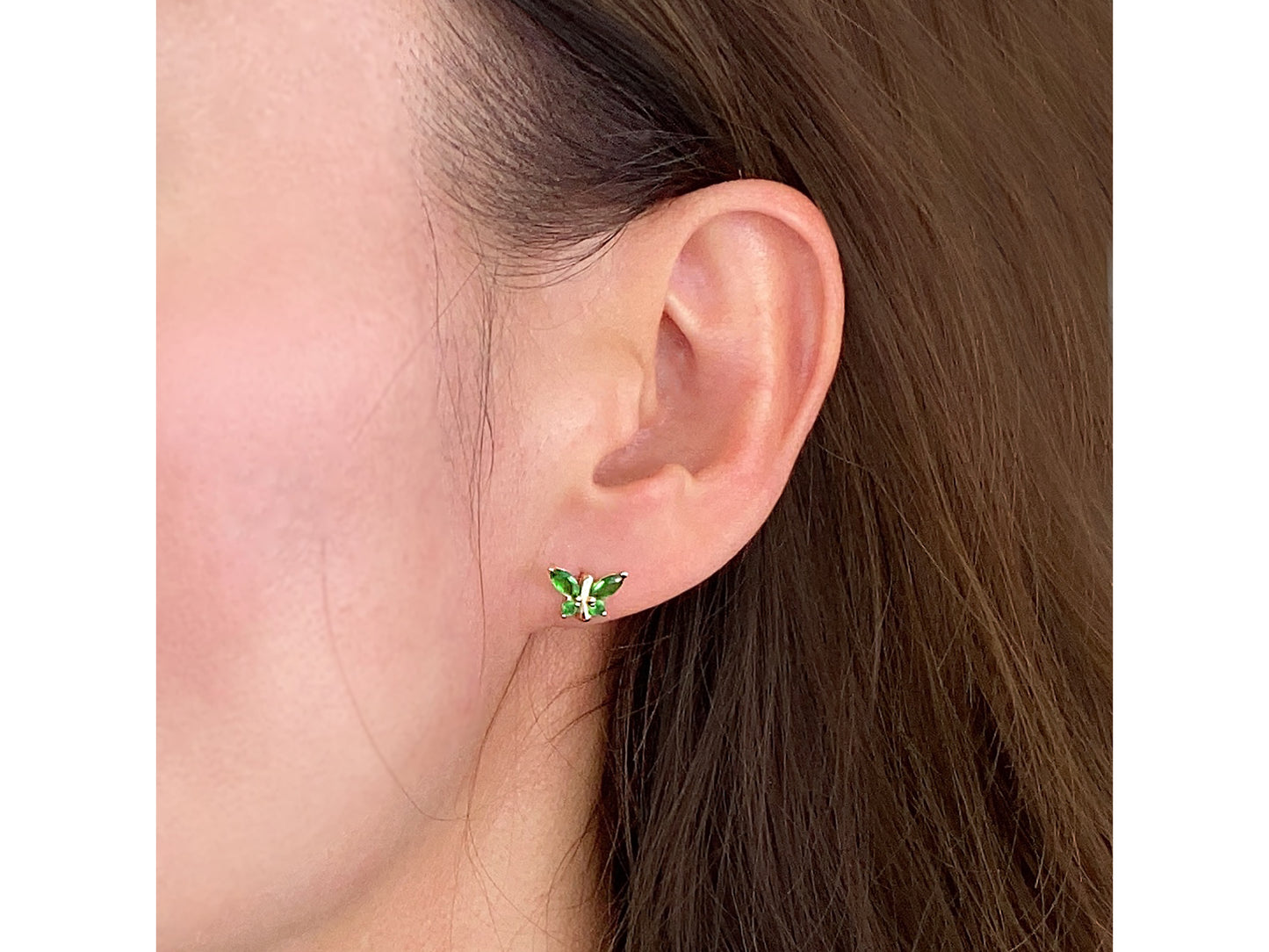14K Solid Gold Simulated Birthstone Small Butterfly Stud Earrings