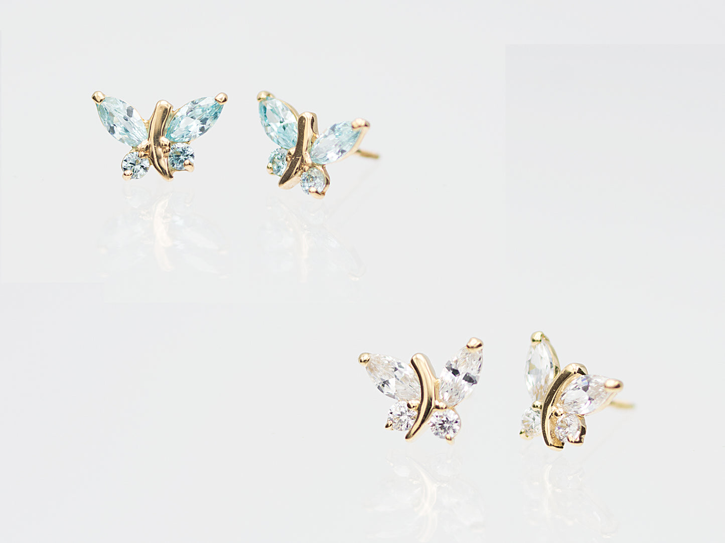 14K Solid Gold Simulated Birthstone Small Butterfly Stud Earrings