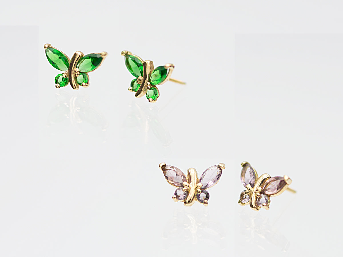 14K Solid Gold Simulated Birthstone Small Butterfly Stud Earrings