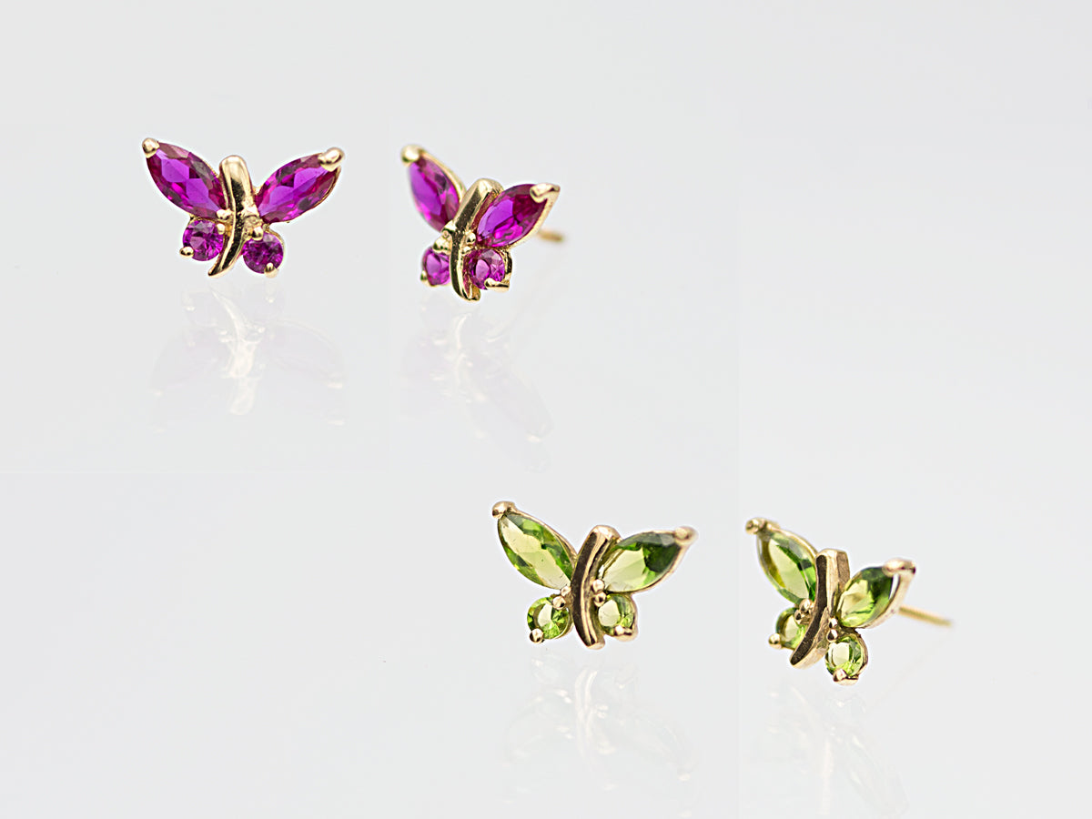 14K Solid Gold Simulated Birthstone Small Butterfly Stud Earrings