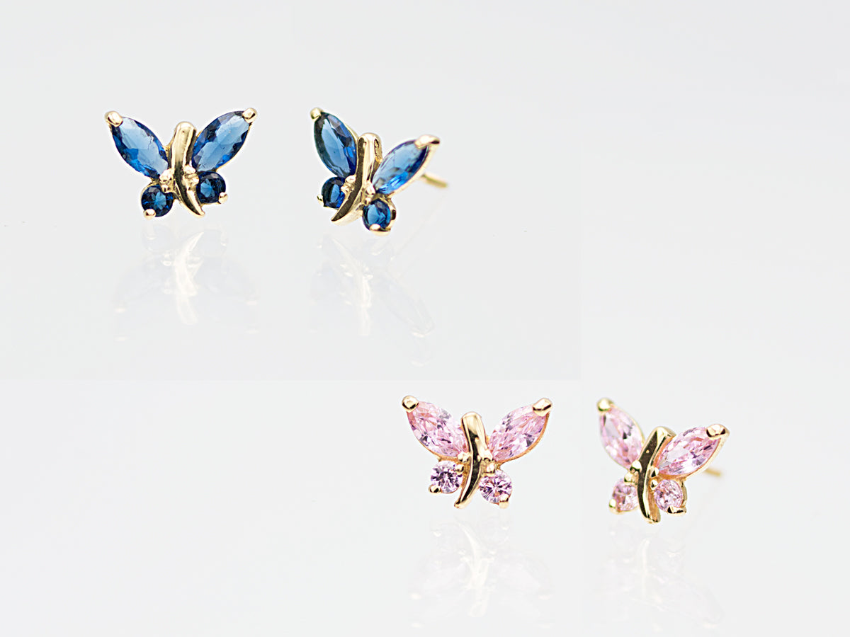 14K Solid Gold Simulated Birthstone Small Butterfly Stud Earrings