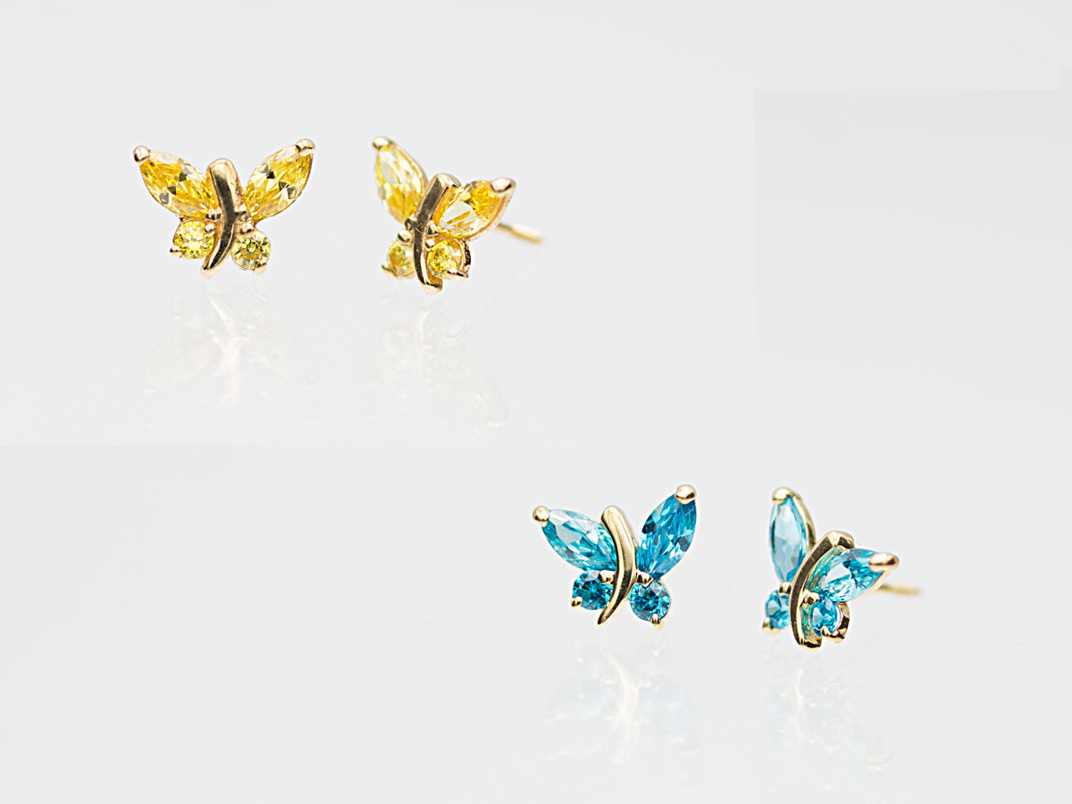 14K Solid Gold Simulated Birthstone Small Butterfly Stud Earrings
