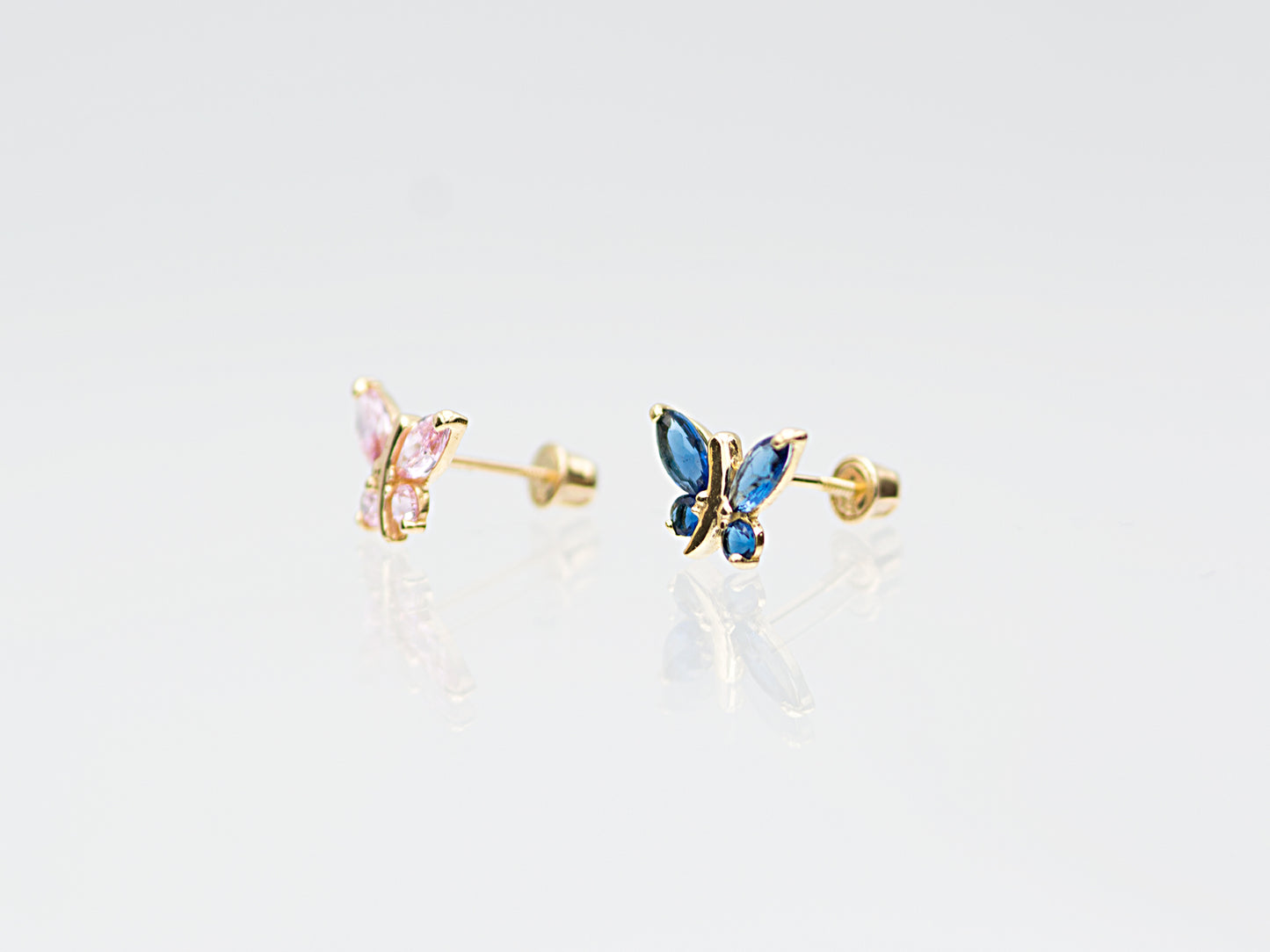 14K Solid Gold Simulated Birthstone Small Butterfly Stud Earrings