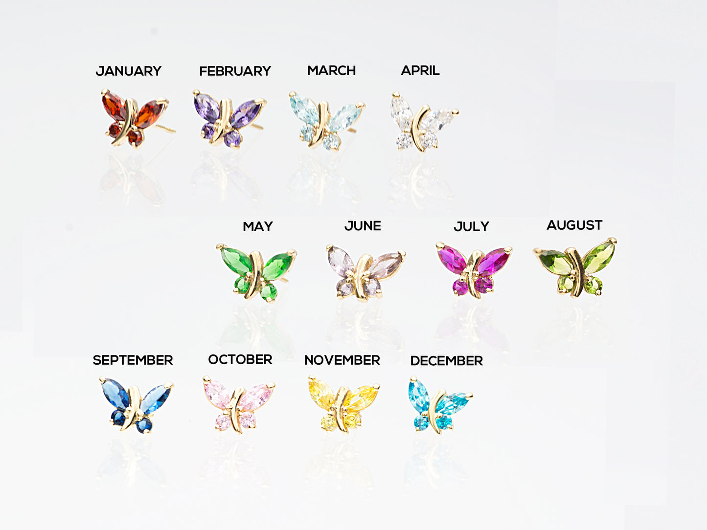 14K Solid Gold Simulated Birthstone Small Butterfly Stud Earrings