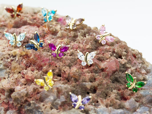 14K Solid Gold Simulated Birthstone Small Butterfly Stud Earrings