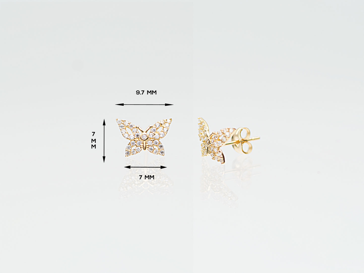 Butterfly Paved simulated Diamond 14K Real Solid Gold stud earring