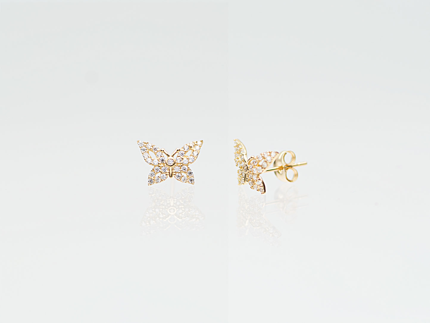 Butterfly Paved simulated Diamond 14K Real Solid Gold stud earring