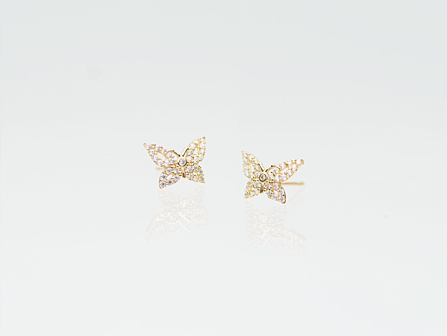 Butterfly Paved simulated Diamond 14K Real Solid Gold stud earring