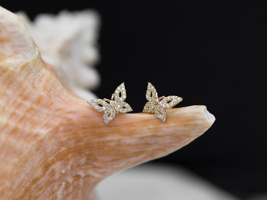 Butterfly Paved simulated Diamond 14K Real Solid Gold stud earring