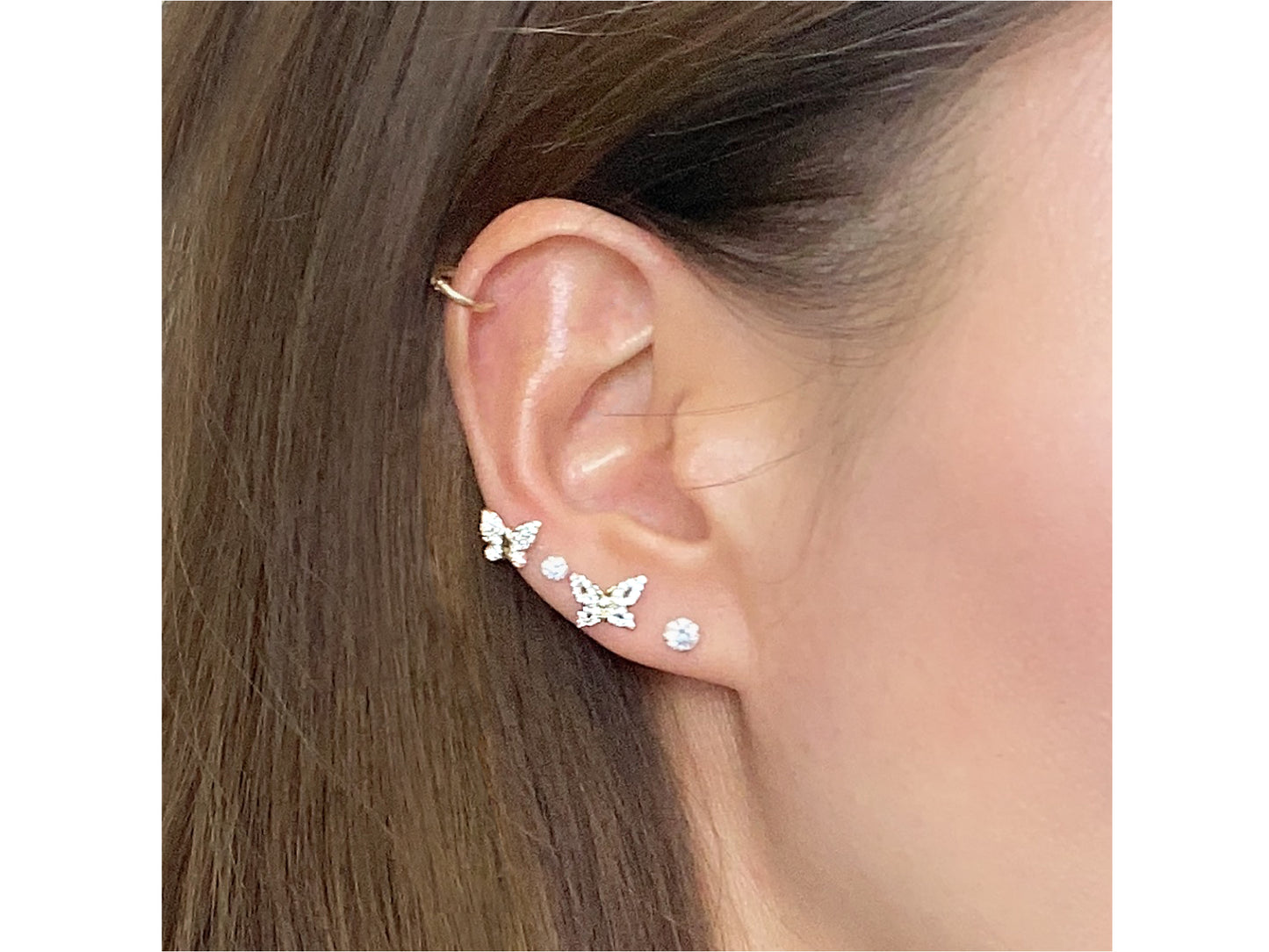 Butterfly Paved simulated Diamond 14K Real Solid Gold stud earring