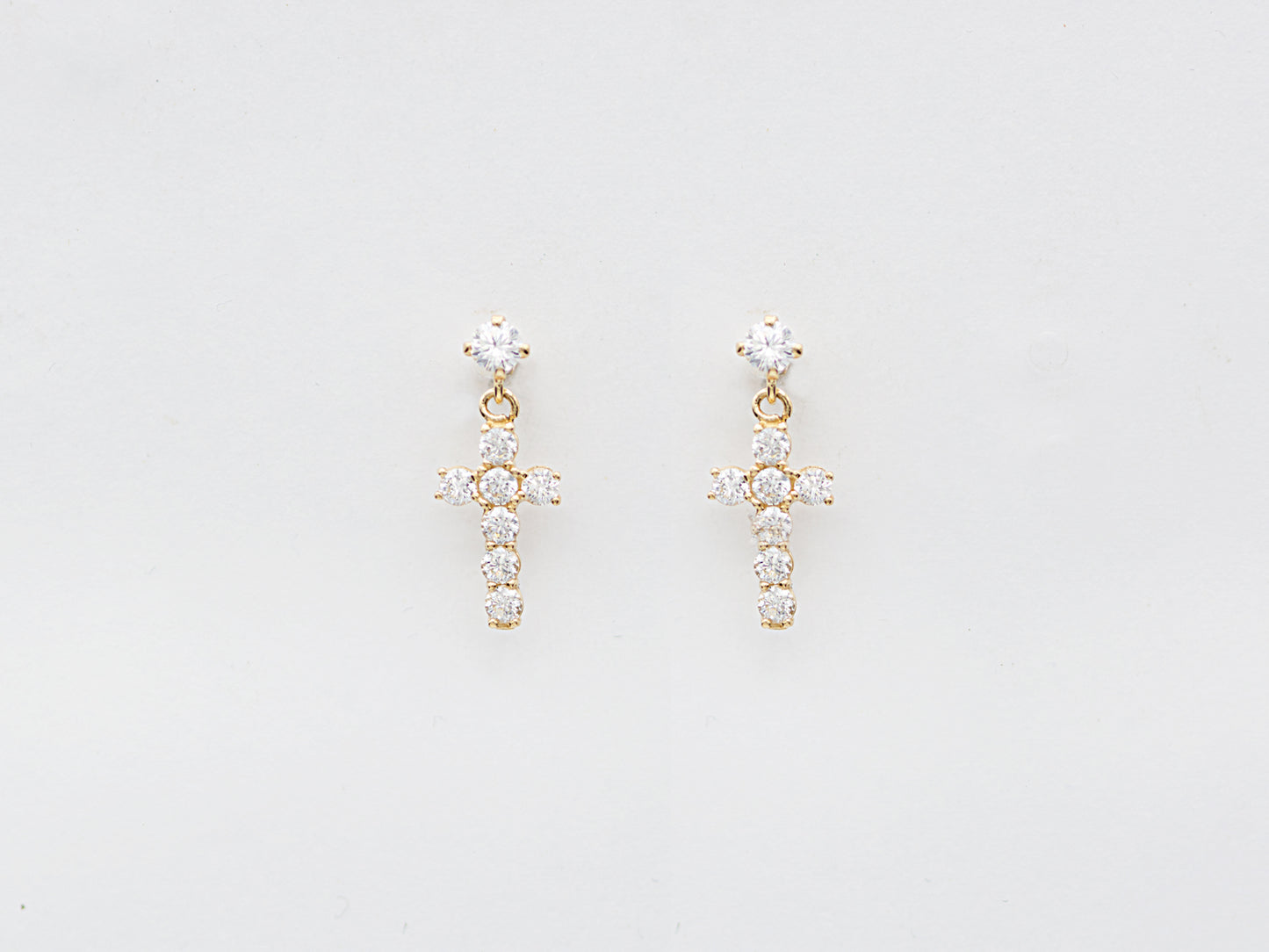 14K solid Yellow gold Elegant Hanging Cross Stud Earrings