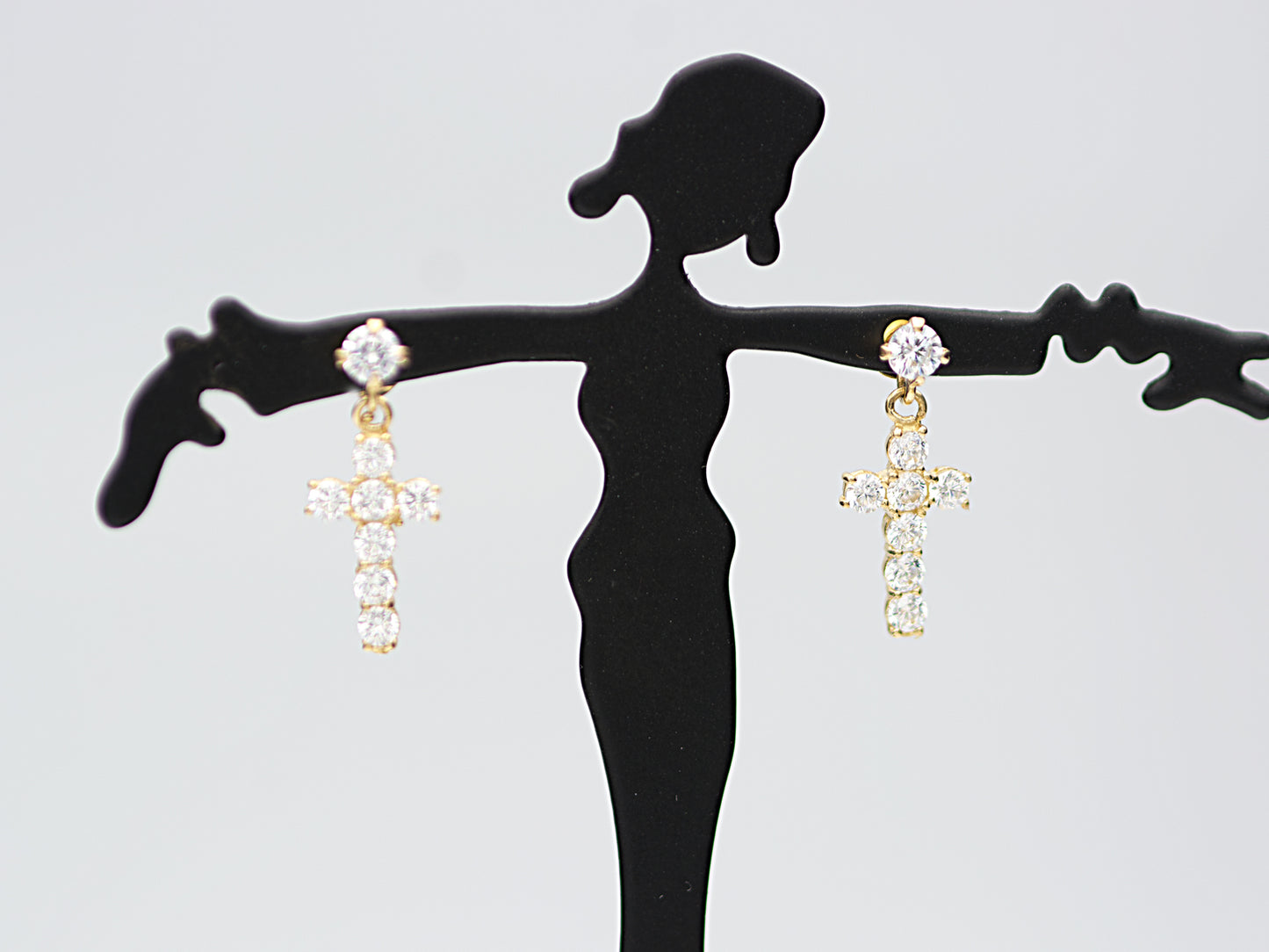 14K solid Yellow gold Elegant Hanging Cross Stud Earrings