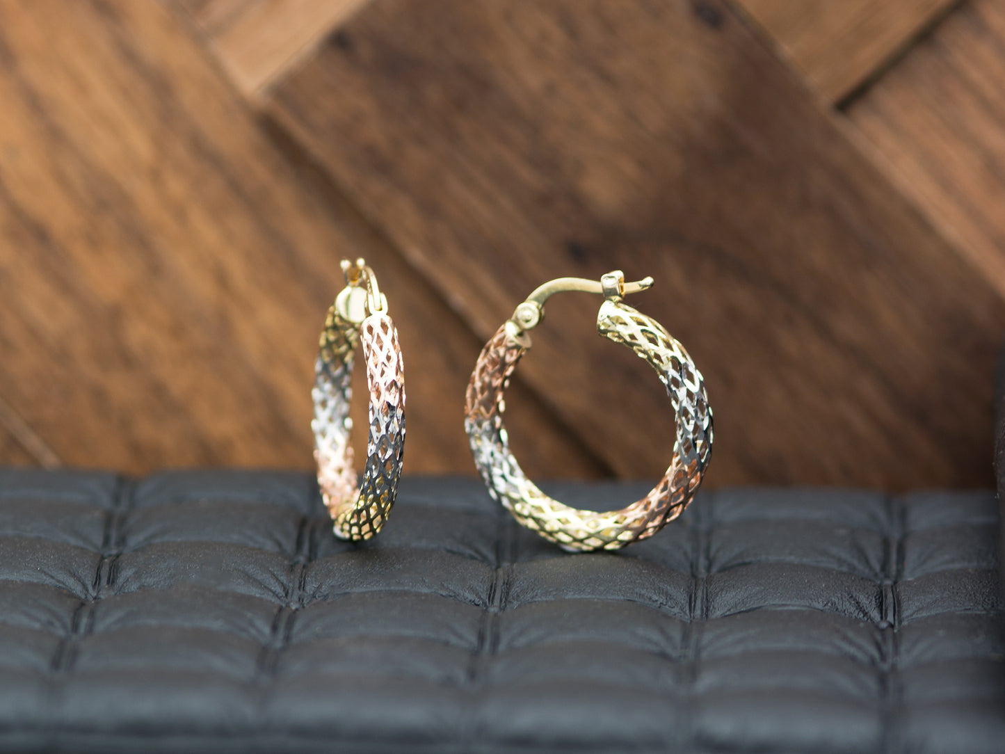 14K Tri color solid Gold Diamond cut Filigree Hoop earing