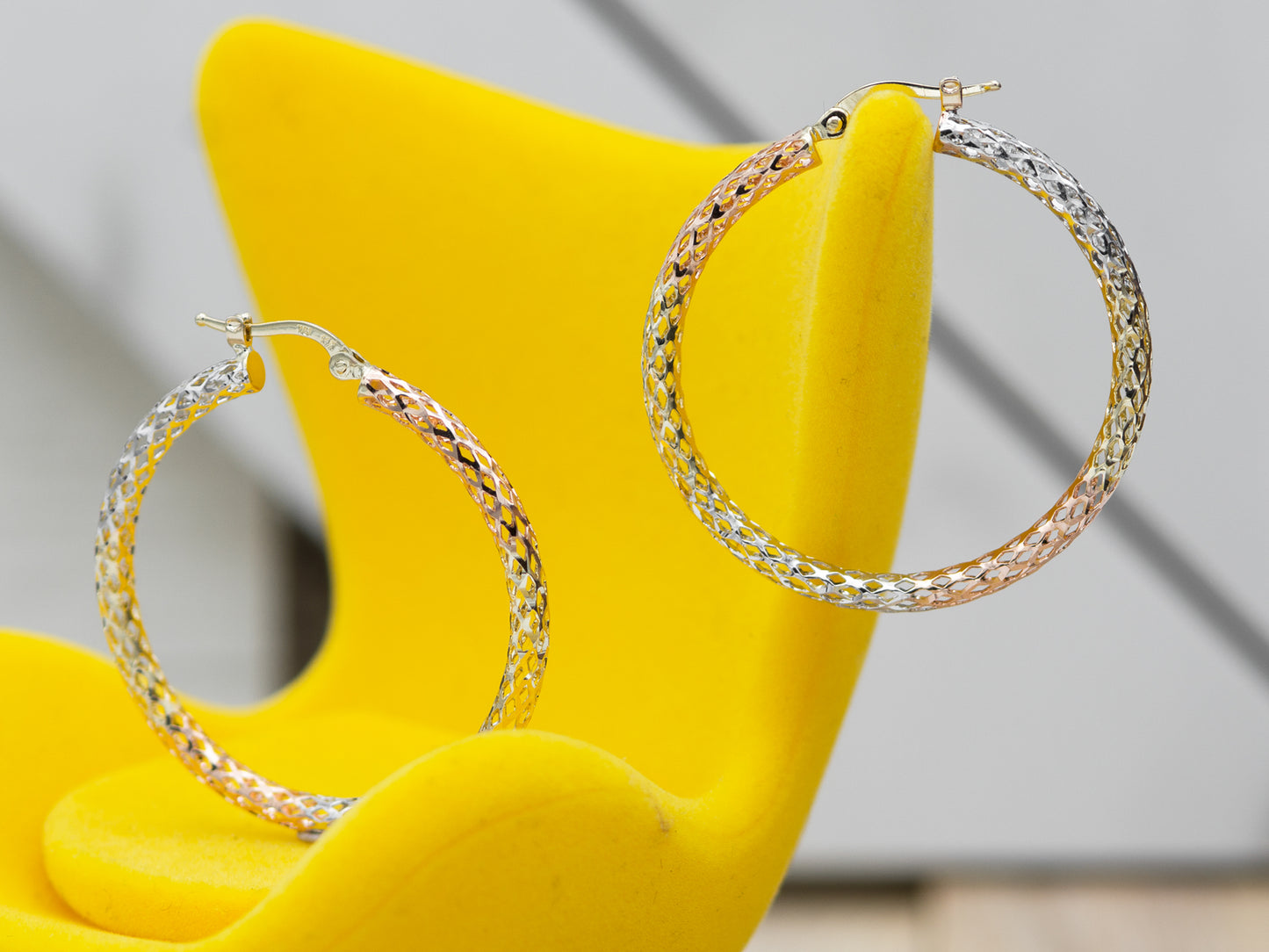 14K Tri color solid Gold Diamond cut Filigree Hoop earing