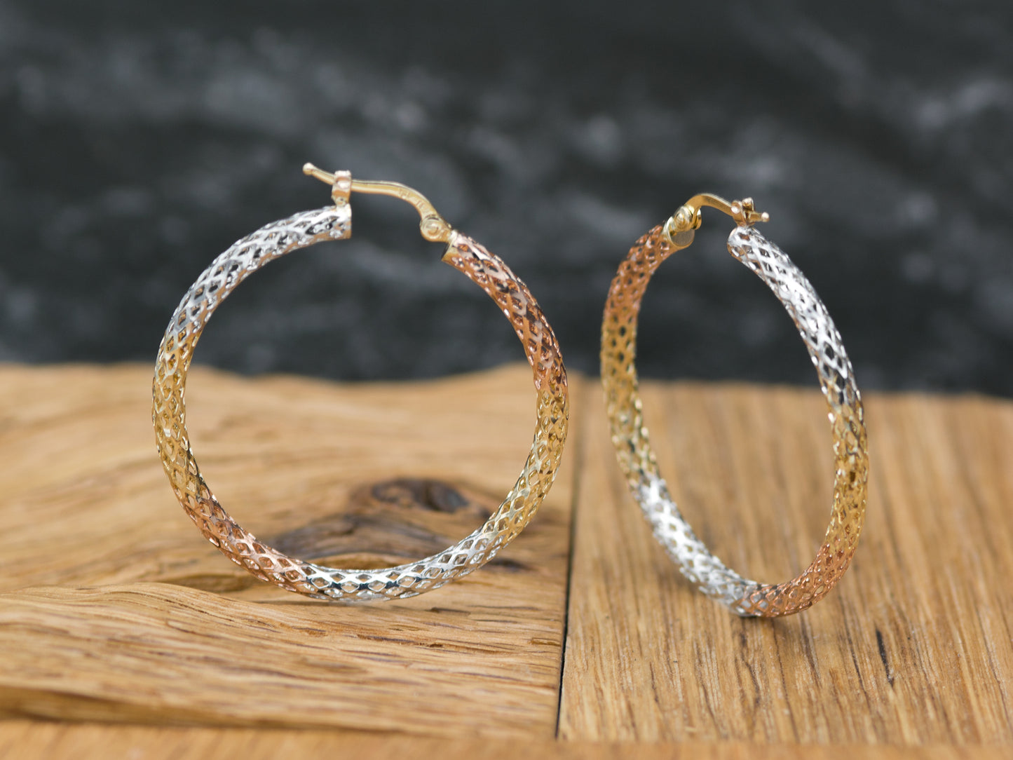 14K Tri color solid Gold Diamond cut Filigree Hoop earing
