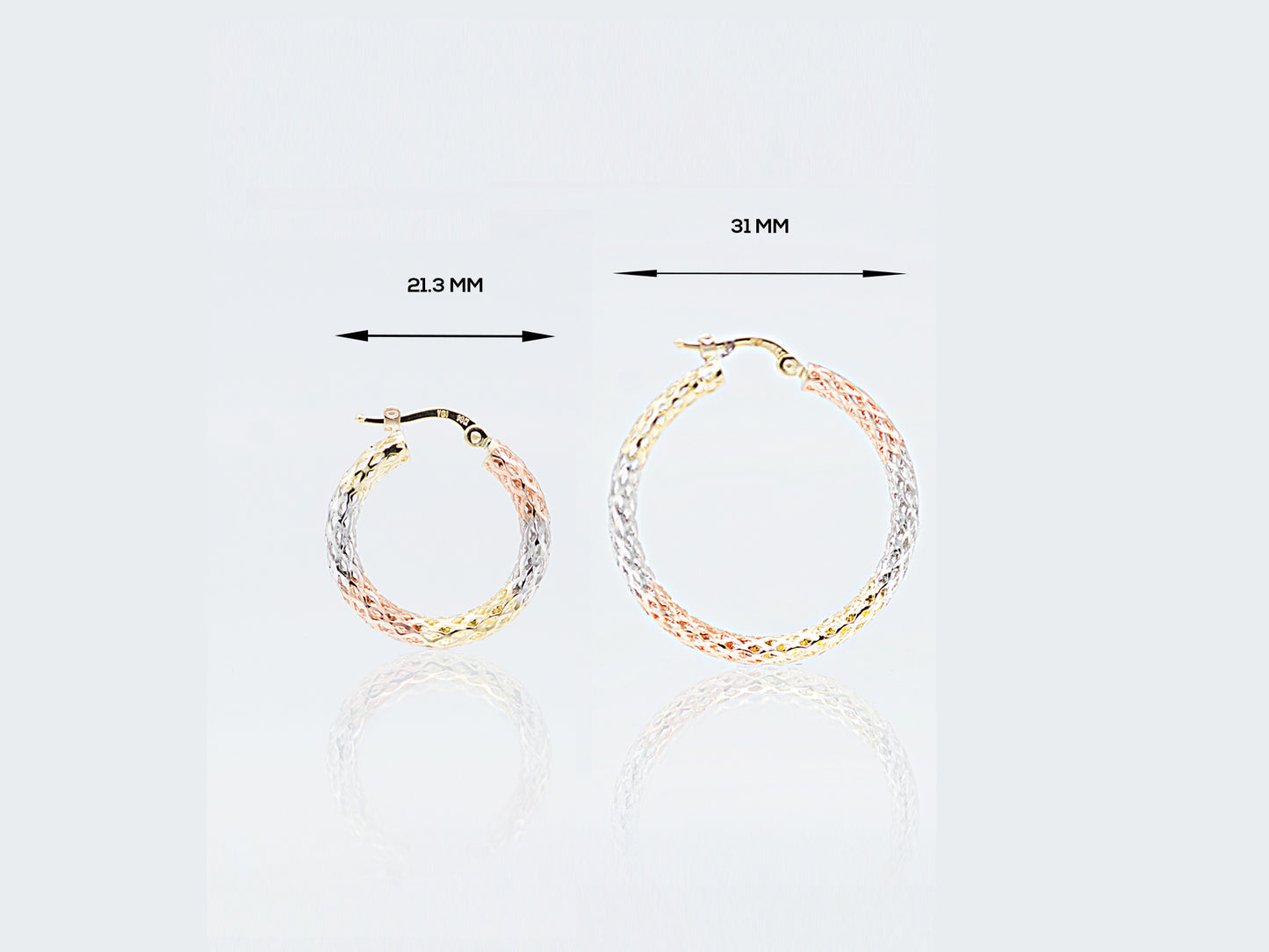 14K Tri color solid Gold Diamond cut Filigree Hoop earing