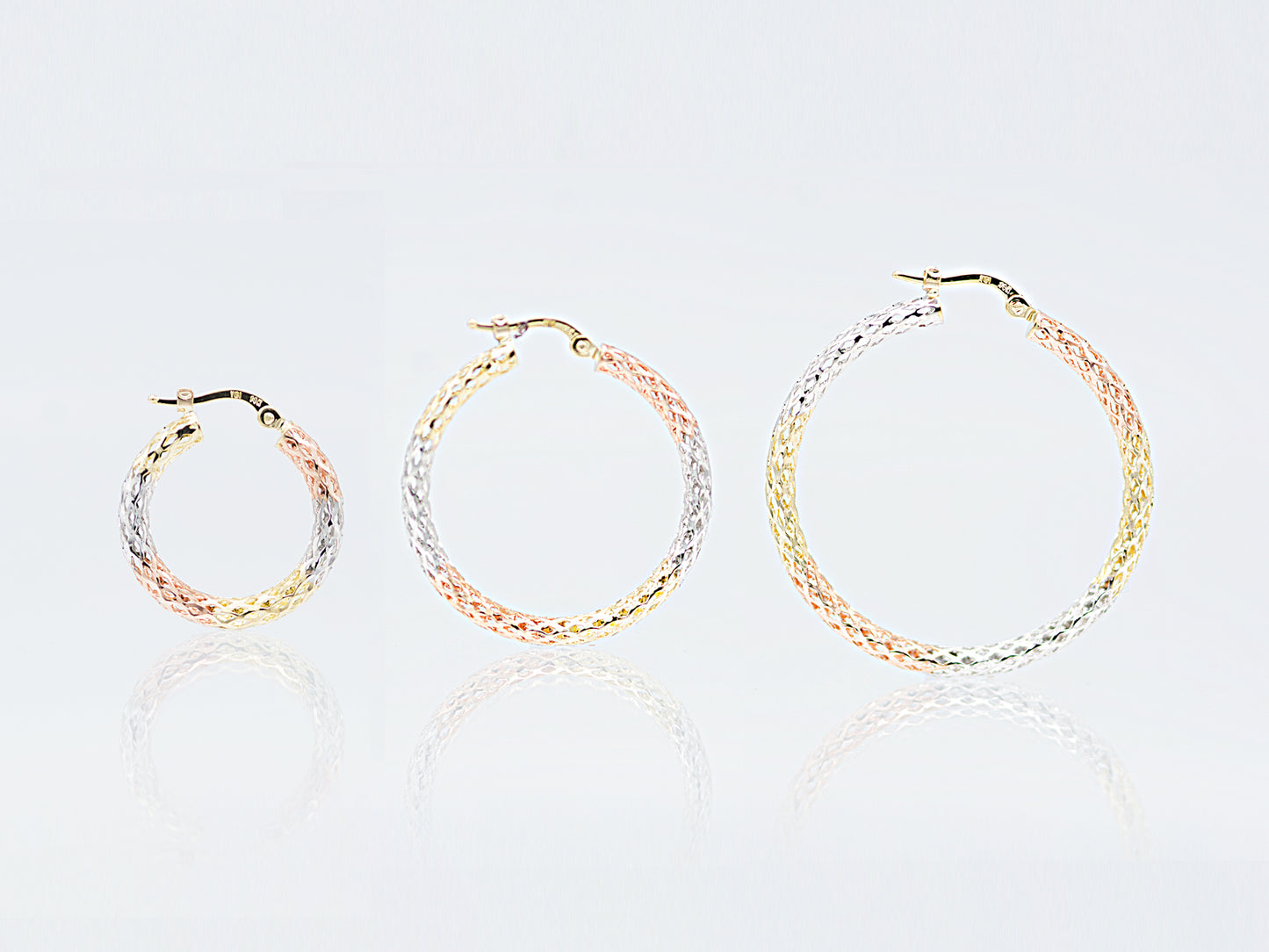 14K Tri color solid Gold Diamond cut Filigree Hoop earing