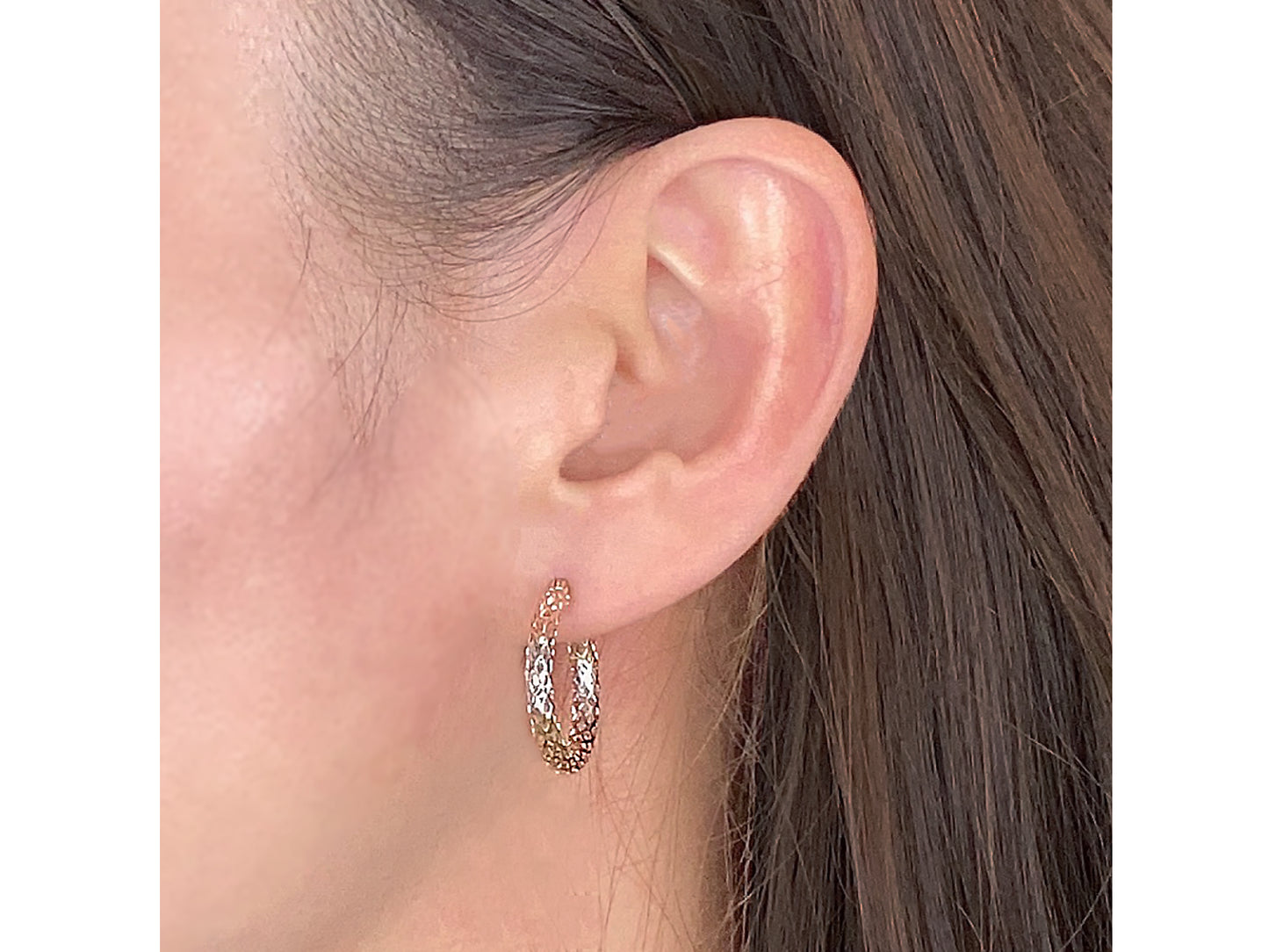 14K Tri color solid Gold Diamond cut Filigree Hoop earing