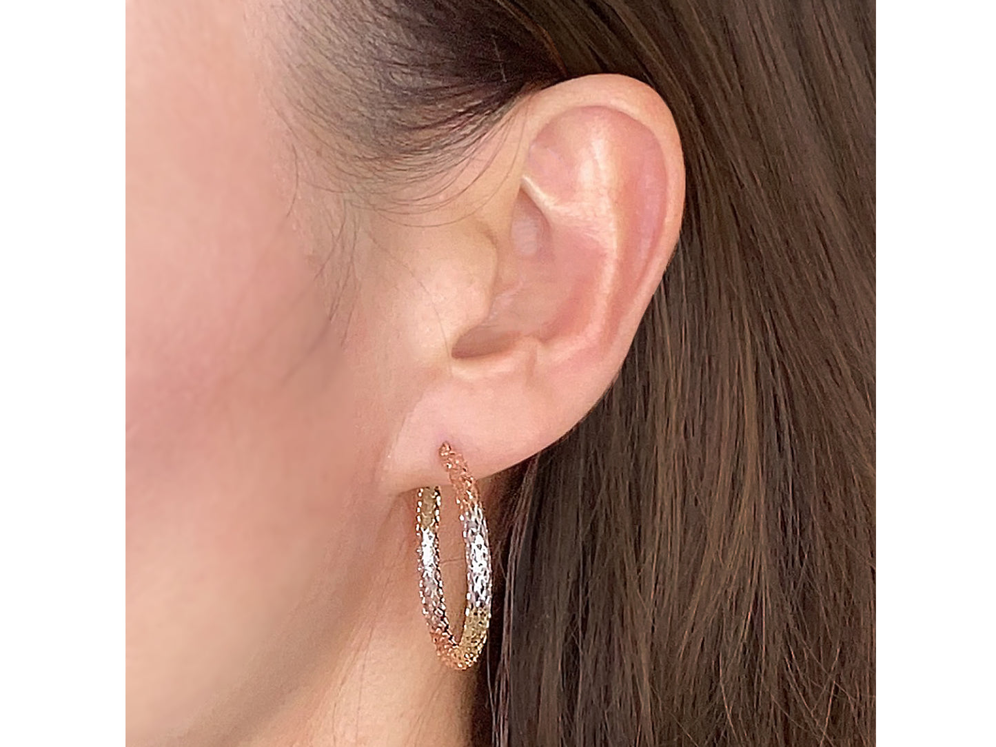 14K Tri color solid Gold Diamond cut Filigree Hoop earing
