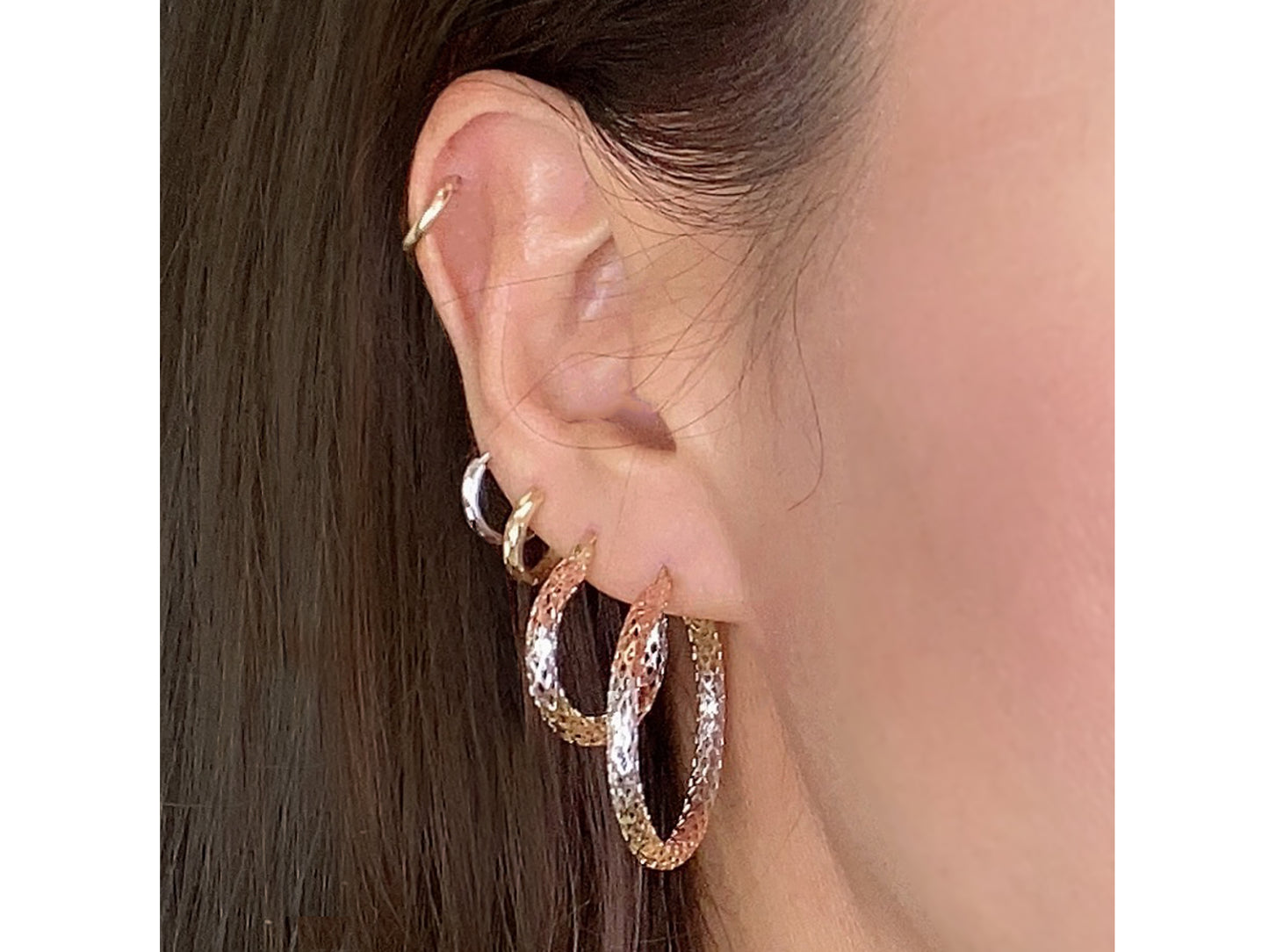14K Tri color solid Gold Diamond cut Filigree Hoop earing