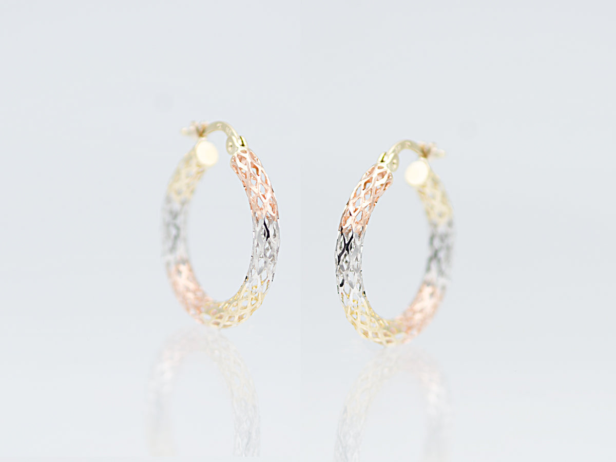 14K Tri color solid Gold Diamond cut Filigree Hoop earing